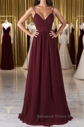 A Line V Neck Burgundy Chiffon Long Semi Formal Prom Dresses with Lace Back, V Neck Lace Back Burgundy Formal Graduation Evening Dresses